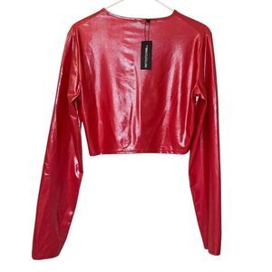 NWT PrettyLittleThing Metallic Jersey Long Sleeve Fitted Red Cropped Top Size 12